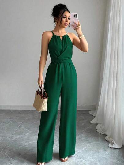 Elenzga Women's Spring/Summer Casual Khaki Crinkle Fabric Beaded Halter Neck Belted Long Jumpsuit