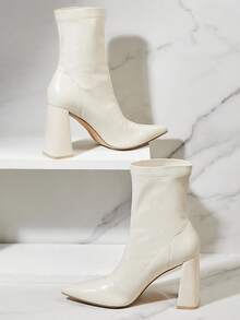 SHUZIA Women's Minimalist Comfortable Sexy Pointed Toe Chunky Heel Ankle Booties - Beige - View 3