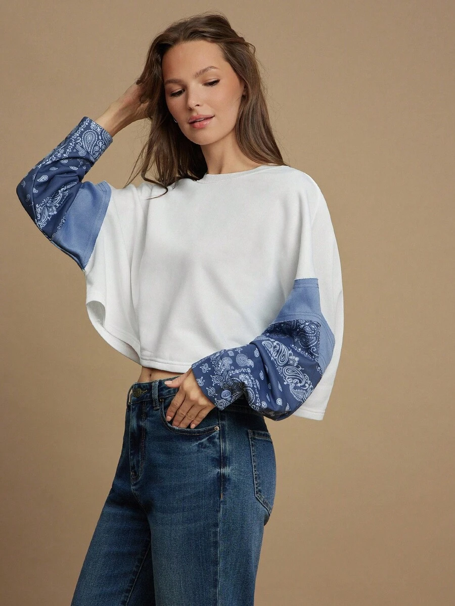 WESTFADE Mix Media French Terry & Chambray Cổ tròn Họa tiết Paisley Tay áo Boho Dáng hộp Dáng rộng Áo chui đầu dễ thương cho mùa thu, thường ngày, hòa nhạc đồng quê miền Tây - Màu be - Xem 1