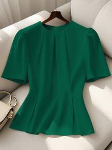 SHEIN Clasi Áo cánh tay phồng xếp ly phía trước thanh lịch, giản dị cỡ lớn dành cho nữ - màu xanh lá - Xem 1