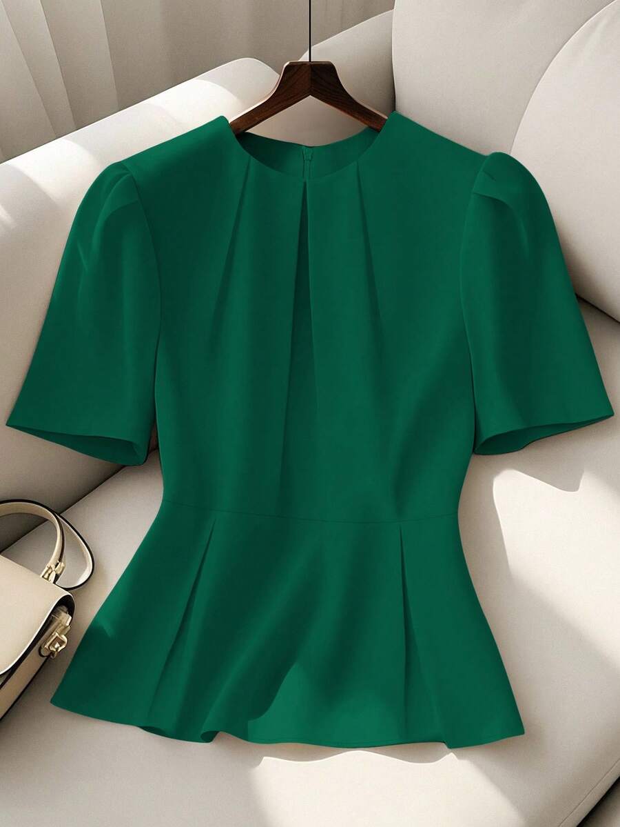 SHEIN Clasi Áo cánh tay phồng xếp ly phía trước thanh lịch, giản dị cỡ lớn dành cho nữ - màu xanh lá - Xem 1