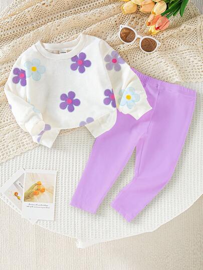 SHEIN Playful Pals 1 套女婴休闲时尚可爱花卉印花圆领运动衫和紧身裤套装，紫色，秋冬