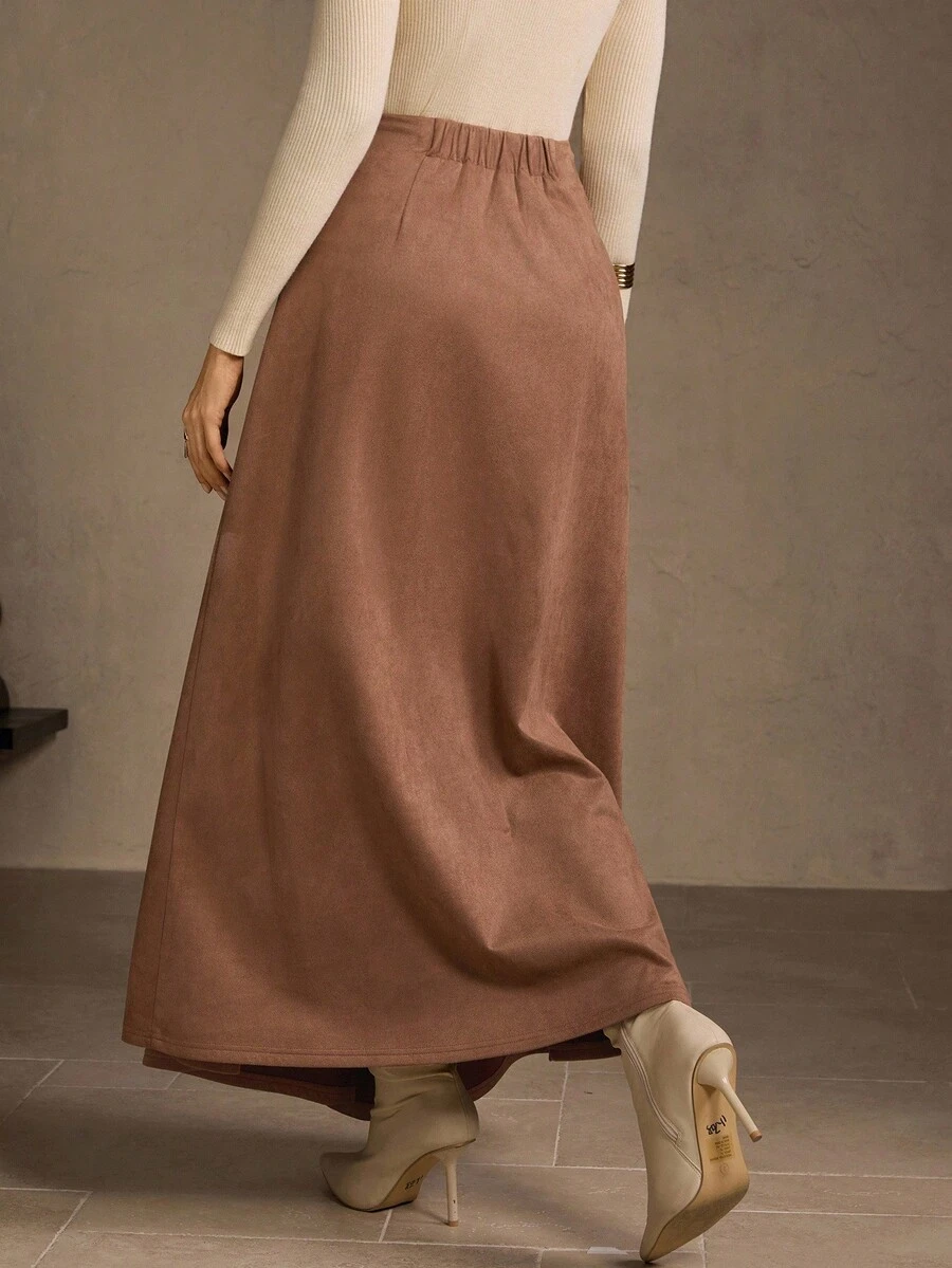 MOTF PREMIUM WOMEN'S ELEGANT ASYMMETRIC RIPPED KNOT STRUCTURE SUEDE SKIRT - Brown - View 2