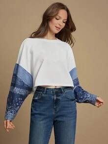 WESTFADE Mix Media French Terry & Chambray Cổ tròn Họa tiết Paisley Tay áo Boho Dáng hộp Dáng rộng Áo chui đầu dễ thương cho mùa thu, thường ngày, hòa nhạc đồng quê miền Tây - Màu be - Xem 3