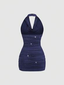 Sweetra Women's New Sexy Backless Ruched Waist Slim Fit Shiny Wrap Dress, Suitable For Daily Commute, Graduation, Independence Day Party - Navy Blue - View 2