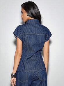 Denimoi 条纹牛仔束腰领口纽扣前开襟牛仔上衣 - 深色水洗藍 - 查看 3