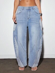 Denimoi 女式口袋喇叭休闲宽松牛仔裤 - 淺色水洗藍 - 查看 3