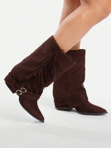 Solezae 女士迷人性感尖头仿麂皮粗跟中筒休闲靴 - 巧克力棕 - 查看 5