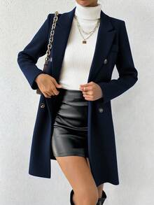 SHEIN PETITE Women's Fashionable Double-Breasted Notched Collar Overcoat, Autumn - Navy Blue - View 1