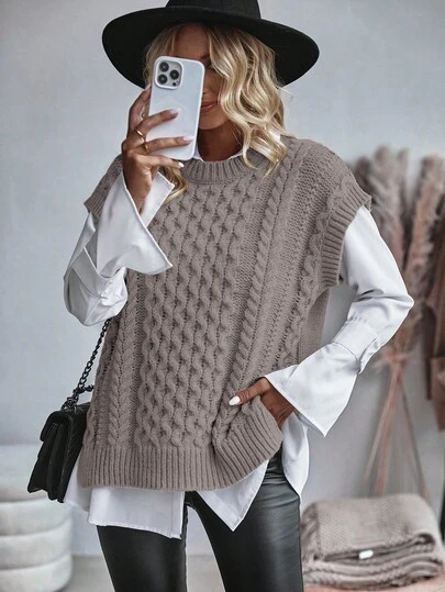 EMERY ROSE Chaleco de punto holgado de cuello redondo de unicolor para mujer, informal y casual, para otoño/invierno y ropa de Año Nuevo