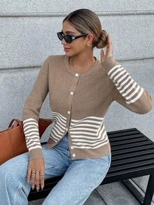 Chiquease Áo khoác cardigan sọc màu đơn giản dành cho nữ khi đi làm - Màu Khaki - Xem 4