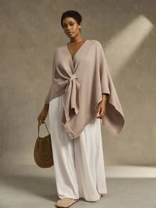 EMERY ROSE Poncho de punto de unicolor con lazo para mujer talla grande, cárdigan simple y elegante para otoño - Caqui - Ver 6