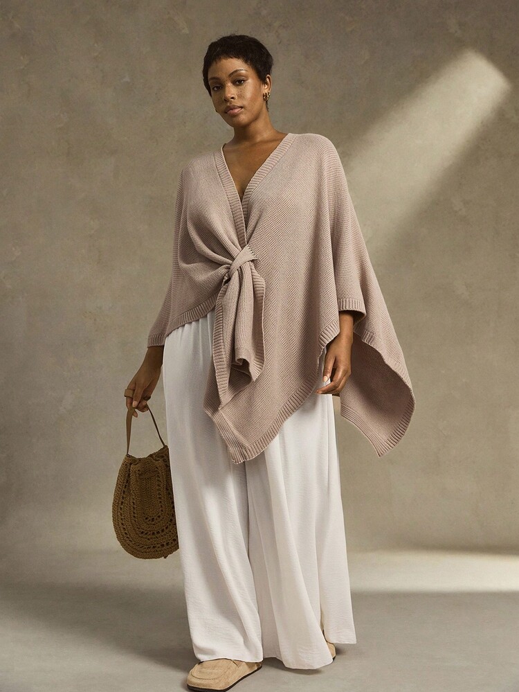 Linhara Plus Size Women Solid Color Knitted Poncho With Tie, Simple Elegant Cardigan For Autumn - Khaki - View 6