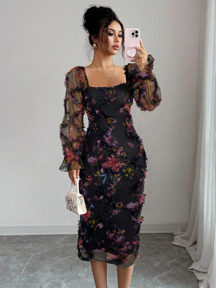 Selianne Women's Elegant Black Floral Print Mesh Long Sleeve Midi Dress,Autumn Ruffle Collar Cinched Waist Party Dress For Weddings,Dates & Outings - Black - View 1