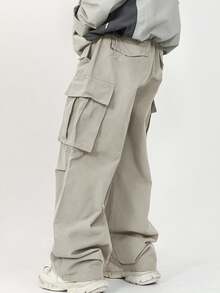 Manfinity Roghcode 秋季宽松男士工装裤，带翻盖口袋和抽绳腰带 - 米色 - 查看 2