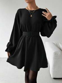 Rafferiza Vestido midi casual de unicolor con mangas con volantes y cintura con lazo - Negro - Ver 6