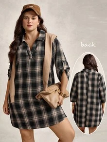 Zelara Plus Size Casual Minimalist Style Everyday Dress Spring Break Boho/Bohemian,Holiday Outfits,Resort Dresses, Outdoor Essential For Daily Wear Sundress Casual Plaid Dress Women Casual Daily Wear, Commute Elegant Office Outfits For Women Fall Clothes For Women Going Out Tops For Women Brown Dress - Multicolor - View 1