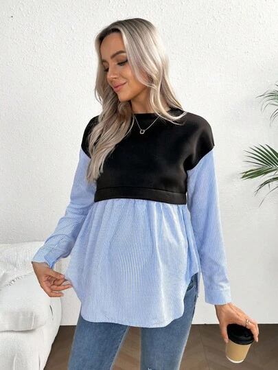 SHEIN 条纹拼布休闲孕妇卫衣