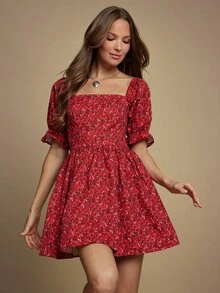 WESTFADE 同色系花卉印花方领荷叶边泡泡袖迷你娃娃裙可爱秋季女装乡村音乐会服装 - 紅色 - 查看 1