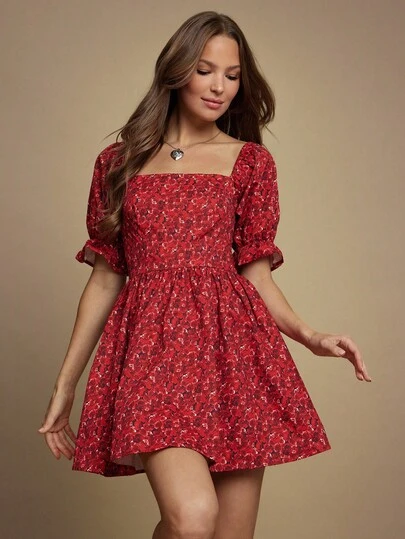 WESTFADE Vestido Babydoll Mini com Decote Quadrado, Manga Bufante e Babado, Estampa Floral em Tom Sobre Tom, Roupas Fofas de Outono para Mulheres, Traje para Show de Country