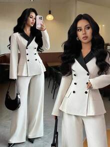 Selianne Bộ vest dáng chữ A dài tay màu tương phản thanh lịch dành cho nữ, thích hợp mặc hàng ngày, đi làm và nhiều dịp khác nhau, mùa xuân/thu - Màu be - Xem 1