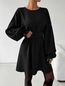 Rafferiza Vestido midi casual de unicolor con mangas con volantes y cintura con lazo - Negro - Ver 7