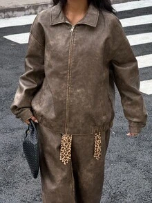 Muchica 2025 New Arrive Fall/Winter Women Brown Vintage Distressed Loose PU Leather Jacket For Going Out,Streetwear - Brown - View 7