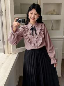 SHEIN 少女优雅宫廷风纯色彼得潘领荷叶边袖休闲长袖衬衫，粉色 - 粉色 - 查看 4