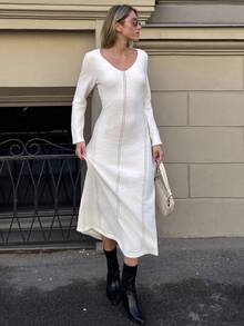 Pariaura Women's Solid Color V-Neck Long Sleeve Hollow Design Casual Knitted Dress Fall Winter Cloth For Women - Beige - View 1