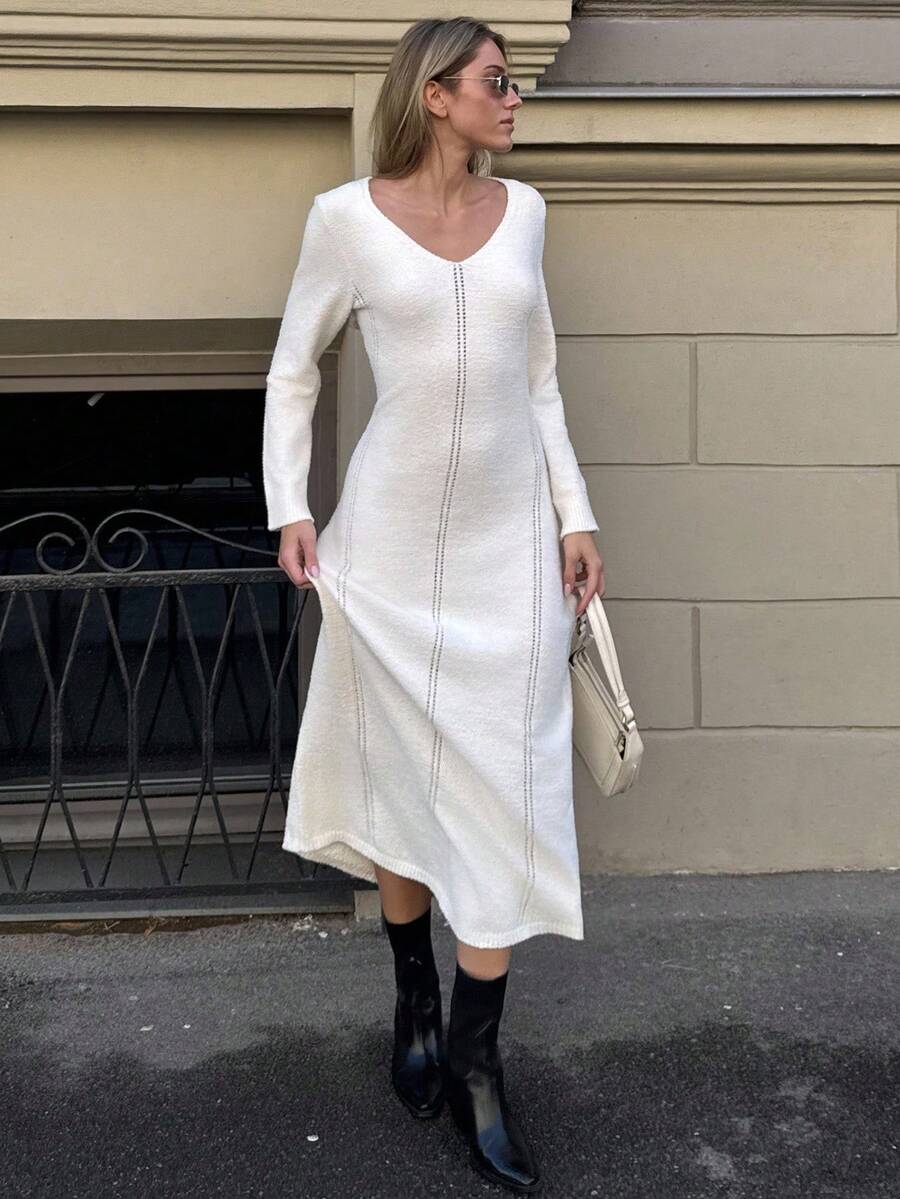 Pariaura Women's Solid Color V-Neck Long Sleeve Hollow Design Casual Knitted Dress Fall Winter Cloth For Women - Beige - View 1