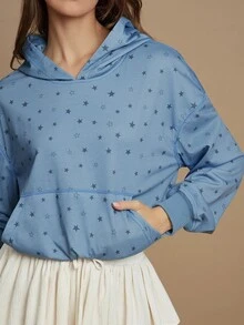 WESTFADE Áo hoodie tay dài dáng ngắn in hình ngôi sao, chất liệu vải French Terry mài bạc, viền phồng, kiểu dáng thường ngày, dễ thương, phong cách boho mùa thu, áo kiểu cao bồi, trang phục miền Tây đồng quê. - Màu xanh lam - Xem 5