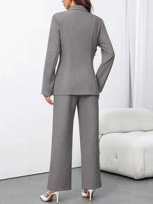 EMERY ROSE 女士纯色翻领时尚百搭商务西装外套+裤子套装 - 灰色 - 查看 2
