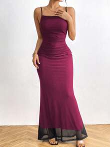RosyDaze Vestido largo de mujer con capa de malla - Rosa Fucsia - Ver 5