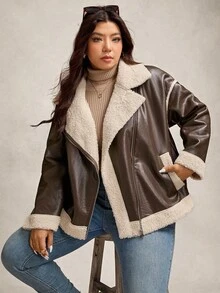 Zelara Plus Size Women's Fashionable Warm PU Composite Faux Fur Collar Jacket, Winter Outerwear Going Out Brown Jacket Zip-Up Thanksgiving