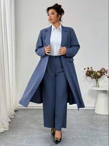 Elenzga Plus Size Stiff Fabric Blazer Jacket Long Sleeve Lapel Collar Real Pockets Decoration Single-Breasted + Straight Elastic Waist Pants 2 Pieces Set, Suitable For Commuting, Outing, Party, And Dating