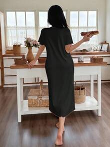 SHEIN Heart Textured Hem Casual Women Nightgown, Moo Moo Night Dress - Black - View 2