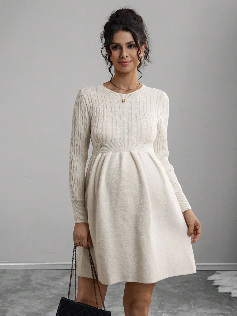Momance Solid Color Waist Twist Knit Sweater Dress, Maternity Long Sleeve A-Line Knitted Dress For Autumn/Winter - Beige - View 1