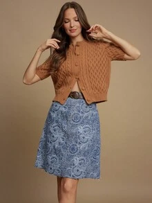 WESTFADE 高腰四口袋西部风格A字波西米亚佩斯利提花牛仔迷你裙，休闲可爱秋季乡村西部风女装 - 中等水洗藍 - 查看 3