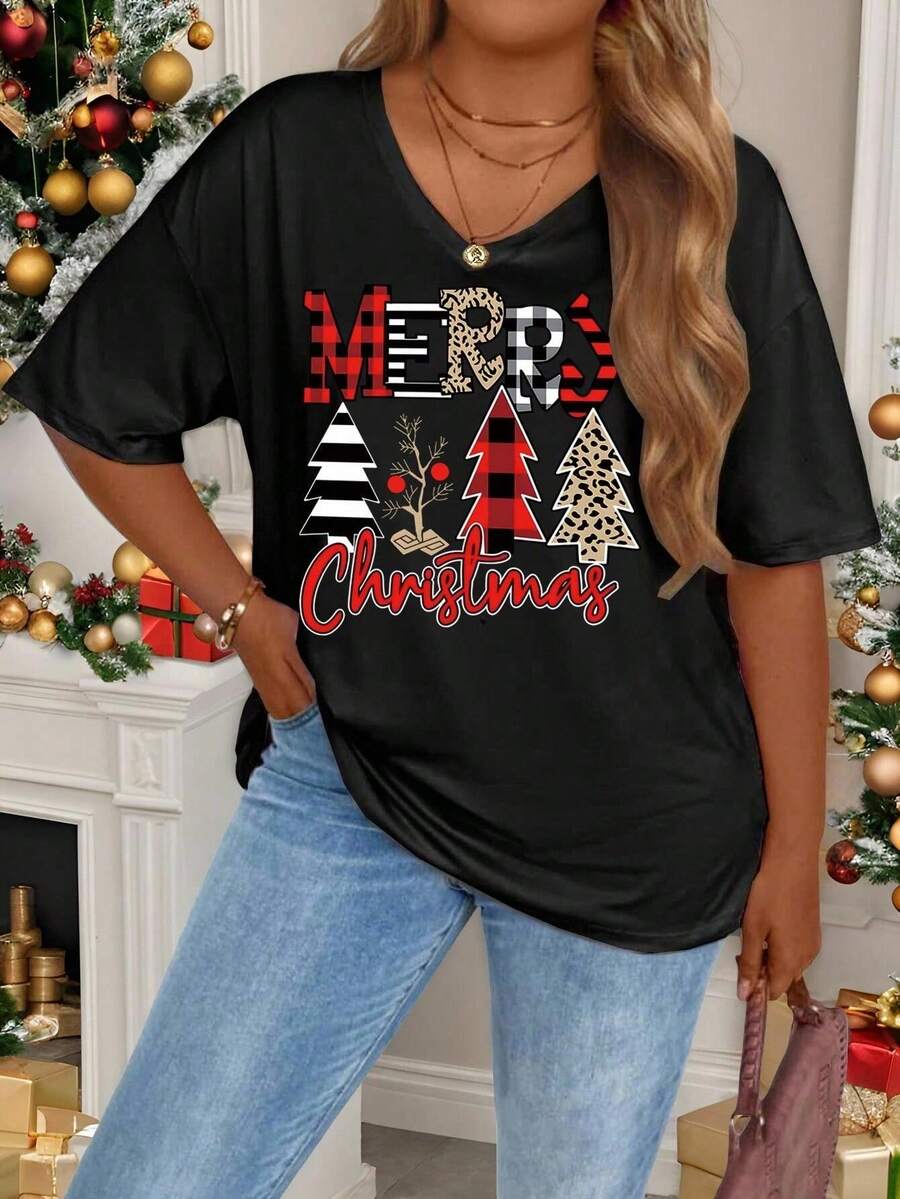 EMERY ROSE Women's Casual Christmas T-Shirt With Letter Print V-Neck Short Sleeves, Machine Washable, Plus Size Women's Clothing, Spring/Summer - Black - View 1
