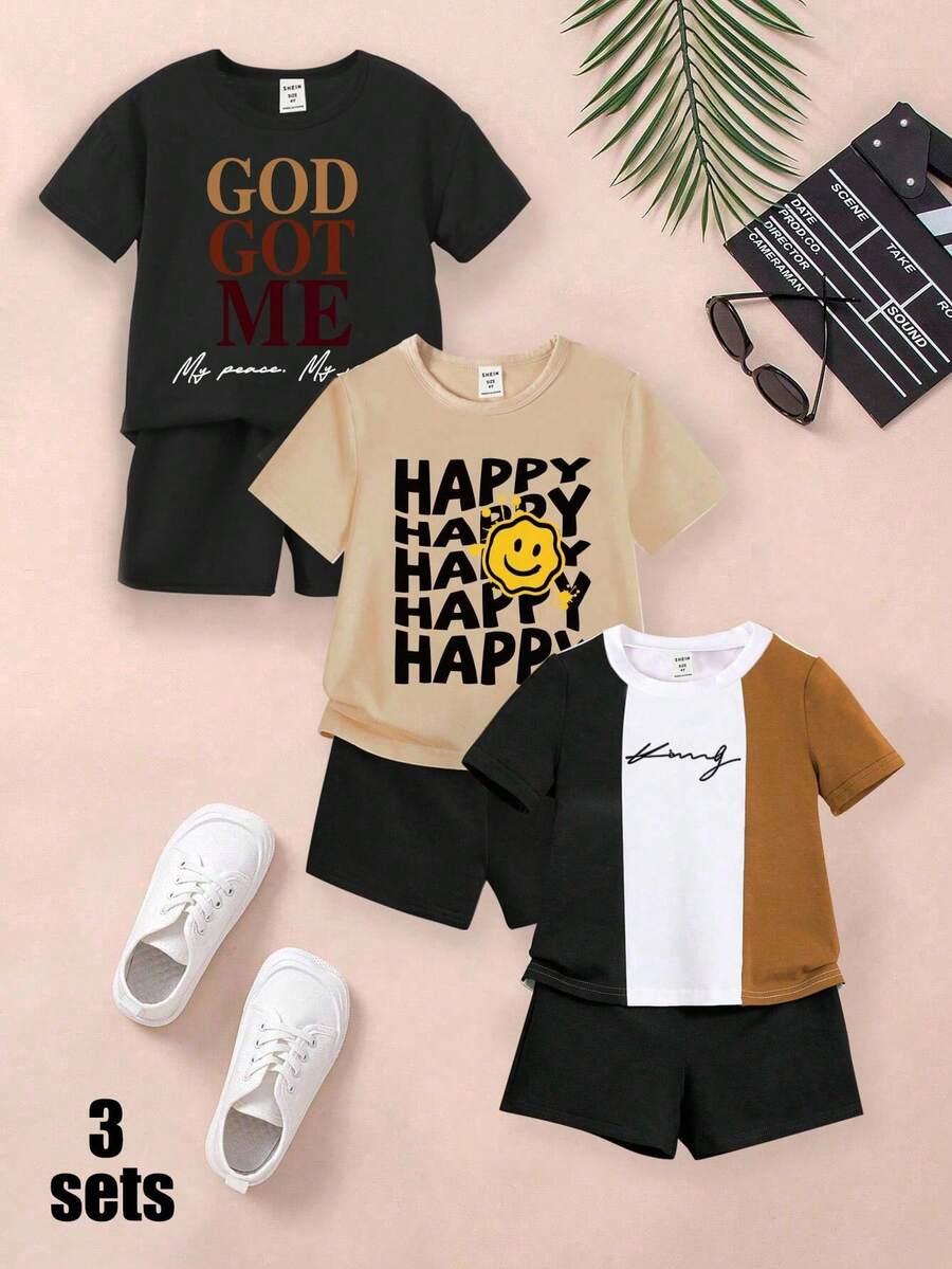 SHEIN 3pcs/Set Young Boy Casual Simple  Face & Letter Print Basic Short Sleeve T-Shirt And Shorts Outfit - Multicolor - View 1