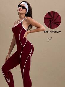 SHEIN Dewbera Bộ đồ liền thân đan chéo lưng liền mạch cho nữ, thể thao - Màu Đỏ Sâu - Xem 2