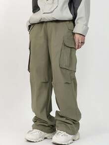 Manfinity Roghcode Pantalones cargo holgados para hombre con bolsillo con solapa y cordón ajustable en la cintura, para otoño - Verde militar - Ver 4