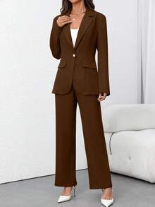 Traje de chaqueta y pantalón de unicolor minimalista de uso diario con manga larga para mujer - Marrón - Ver 3