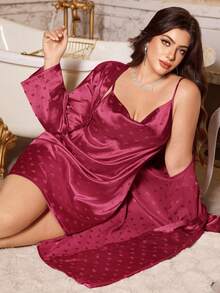 Bộ váy ngủ và áo choàng hình trái tim jacquard thanh lịch cỡ lớn, lụa giả, quần áo thu đông - Màu Đỏ Sâu - Xem 3