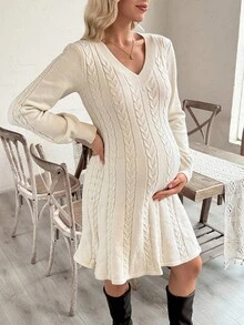 SHEIN Pregnant Women's V-Neck Long Sleeve Casual Knitted Dress With Cable Pattern, Autumn - Apricot - View 6