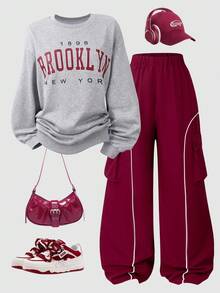 Sparklyn 2 件套青少年女孩字母图案运动衫上衣和大口袋直筒工装裤，休闲街头风格服装，秋季 - 灰色 - 查看 1
