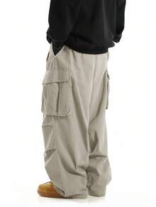 Manfinity Roghcode 秋季宽松男士翻盖口袋侧抽绳腰工装裤