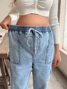 SHEIN 孕妇休闲松紧腰锥形牛仔裤 - 淺色水洗藍 - 查看 6