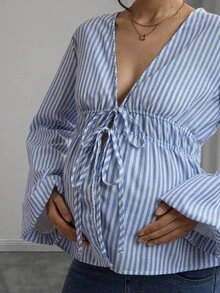 Momance Maternity Striped Print Front Tie Long Sleeve Nursing Top - Multicolor - View 6
