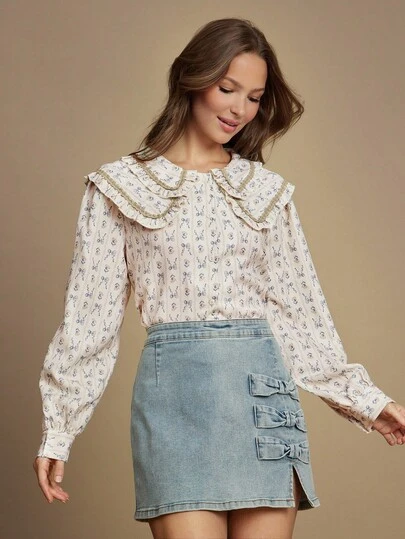 WESTFADE Tricou cu mânecă lungă, croit, cu dungi, imprimeu floral, guler cu volane, nasturi în față, casual, drăguț, stil western, boho